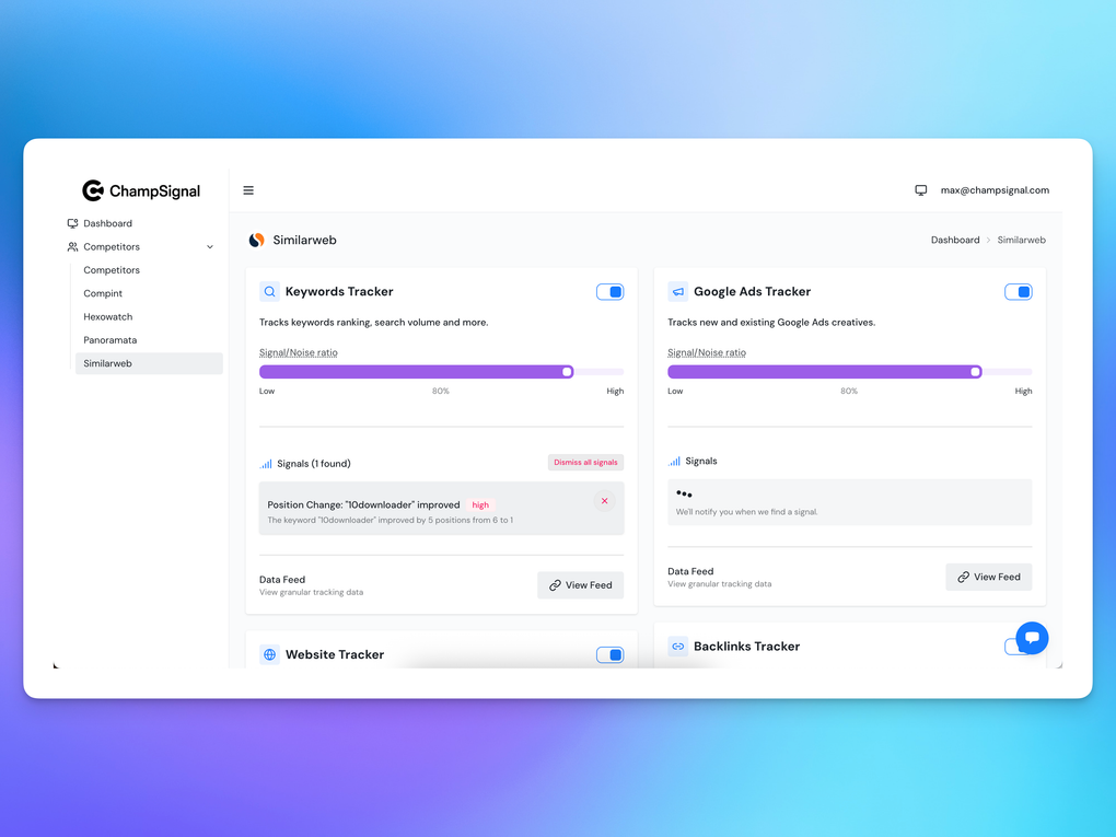 Decide what and how you want to track each competitor. Monitor their website changes, ad campaigns, or backlink strategies—customize your intelligence gathering.